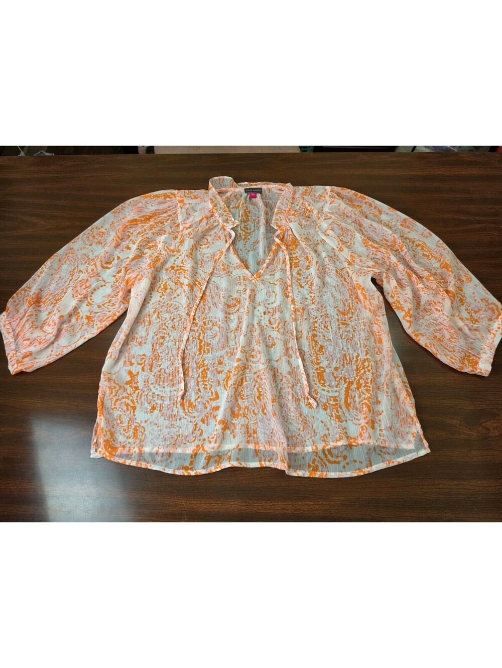 Vince Camuto Orange Pink Paisley Tie Neck Blouse Womens Large Chiffon Top Boho